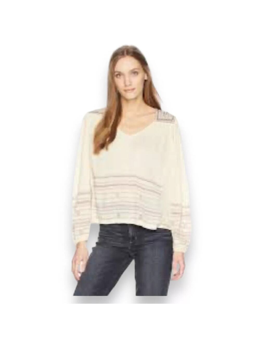 Lucky Brand Embroidered Boho Peasant Blouse Beige Pink Long Sleeve Size S - Picture 1 of 6